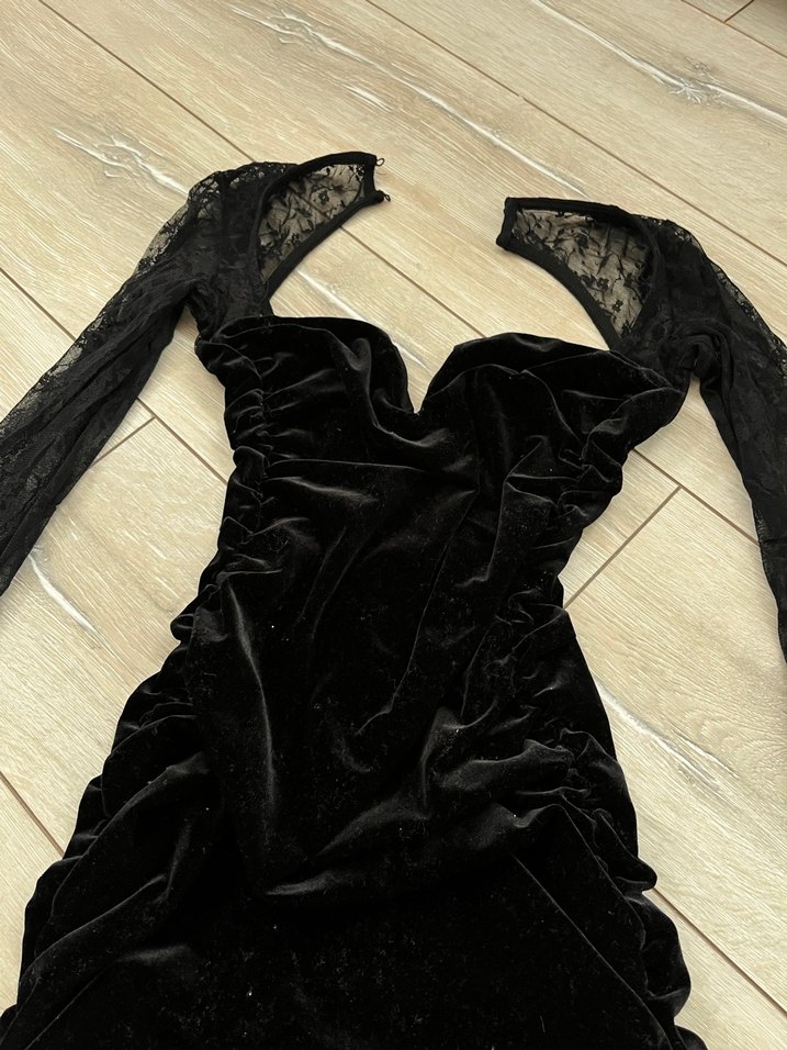 Bershka Dantel Detaylı Uzun Kollu Siyah Mini Elbise - Görsel 5