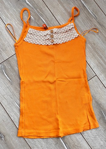 Vintage Dantel Detaylı Turuncu İnce Askılı Bluz - Görsel 2