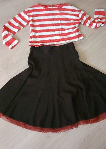 Koyu Kırmızı Volanlı Midi  Etek ve buluz - Görsel 2