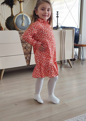 Kız Çocuk Kırmızı Leopar Desenli Uzun Kollu Elbise uspolo - Görsel 2