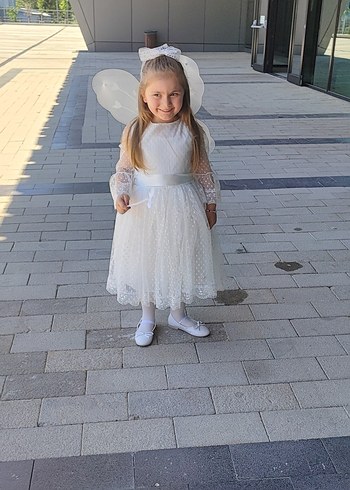 Dantel Detaylı Straplez Beyaz Kız Çocuk Elbise - Görsel 2