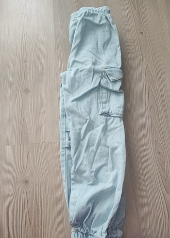 unisex Çocuk Mavi Loose Fit Kargo Kot Pantolon - Görsel 3