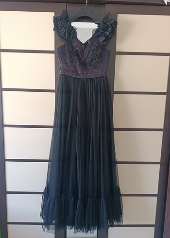 Mor Siyah Uzun V Yaka Gotik Abiye Elbise