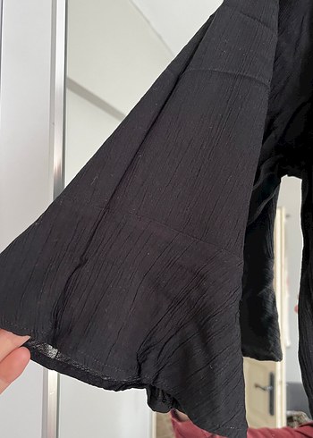 Siyah Keten Mini Bluz, Salaş Kesim, Uzun Kollu - Görsel 3