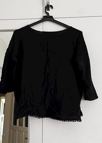 Siyah Keten Mini Bluz, Salaş Kesim, Uzun Kollu - Görsel 2