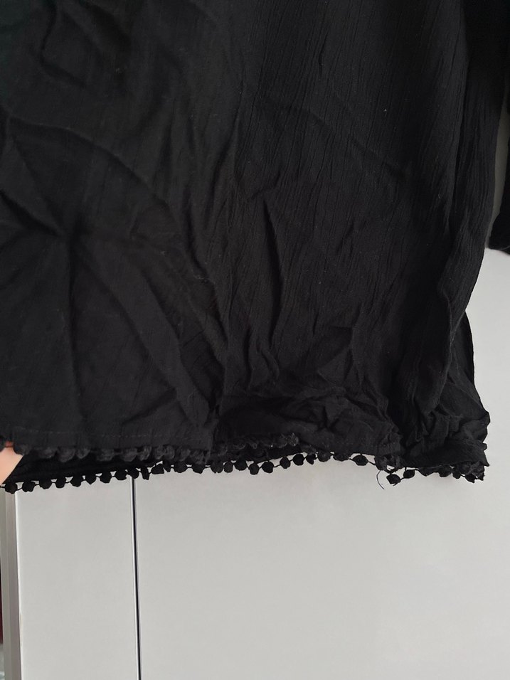 Siyah Keten Mini Bluz, Salaş Kesim, Uzun Kollu - Görsel 4