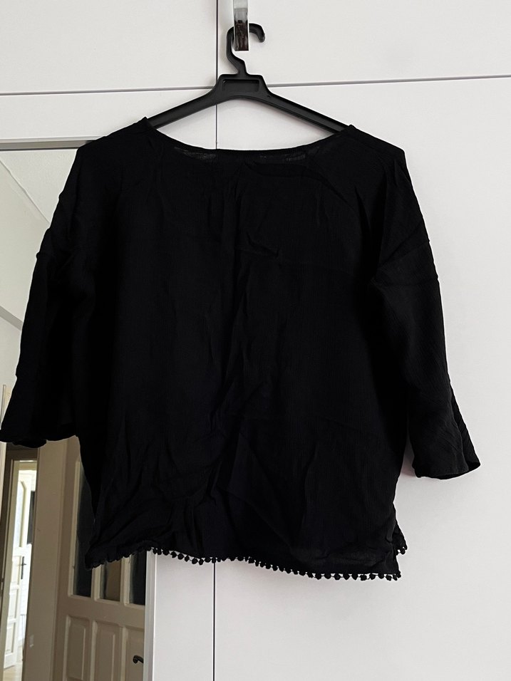 Siyah Keten Mini Bluz, Salaş Kesim, Uzun Kollu - Görsel 2