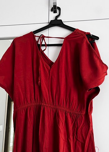 Kiremit rengi Bohem V Yaka Midi Hamile Elbisesi - Görsel 5