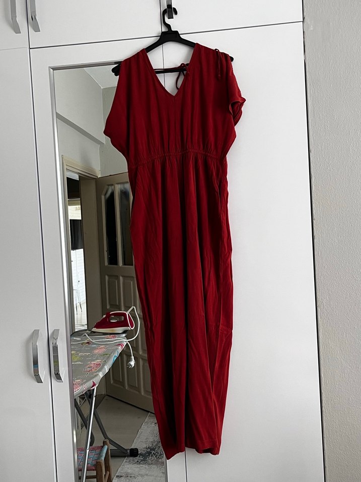 Kiremit rengi Bohem V Yaka Midi Hamile Elbisesi - Görsel 2