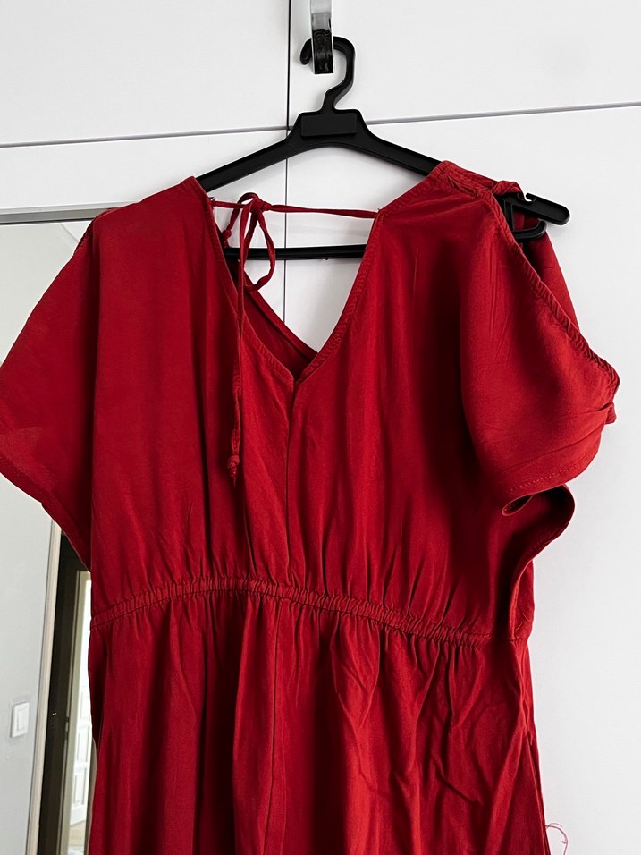 Kiremit rengi Bohem V Yaka Midi Hamile Elbisesi - Görsel 5