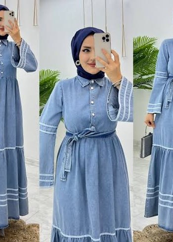 38 Beden Düğmeli ve Kemerli Uzun Mavi Kot Elbise