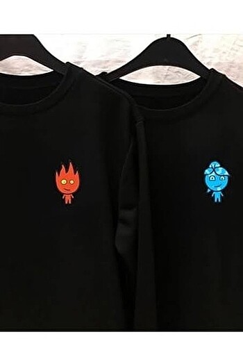 2?li Su ve Ateş Baskılı Siyah sweatshirt