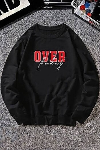 Over thinking baskılı siyah sweatshirt