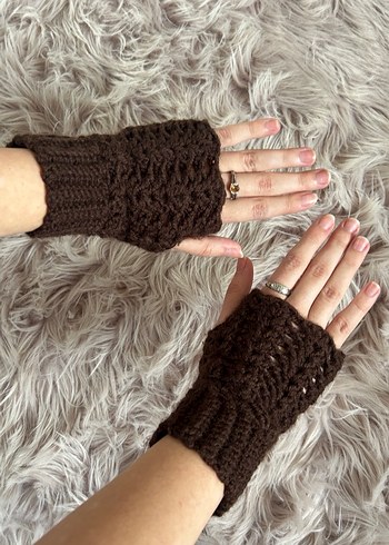 El Yapımı Kahverengi Örgü Bohem Kadın Eldiveni - Görsel 2