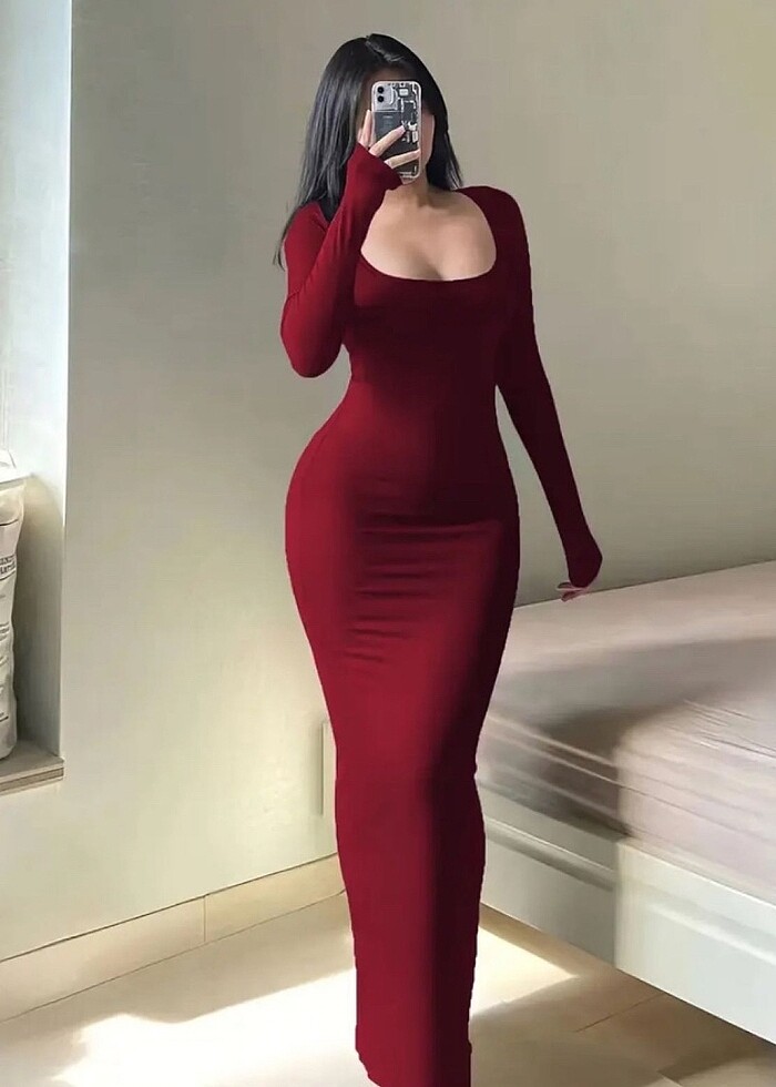 dar şık kırmızı elbise - Görsel 2