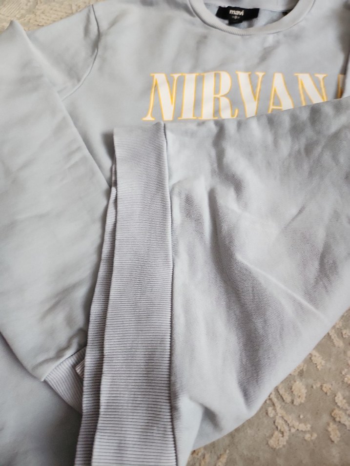 Gri Uzun Kollu NIRVANA Baskılı  mavi marka - Görsel 4
