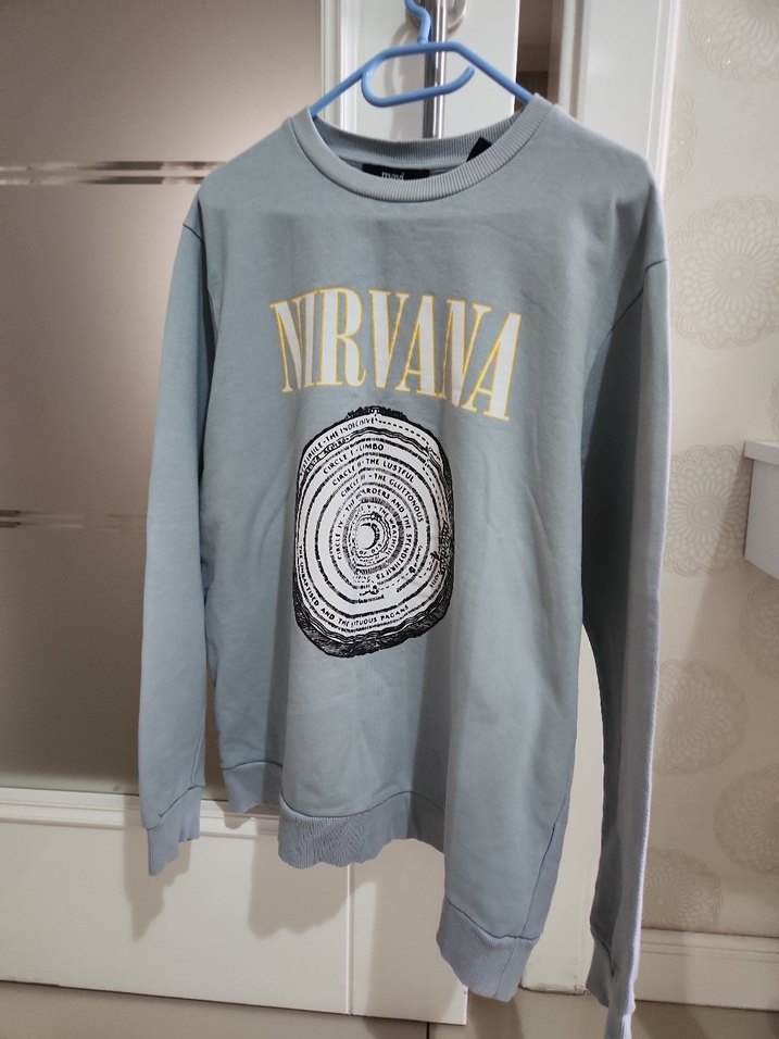 Gri Uzun Kollu NIRVANA Baskılı  mavi marka - Görsel 5
