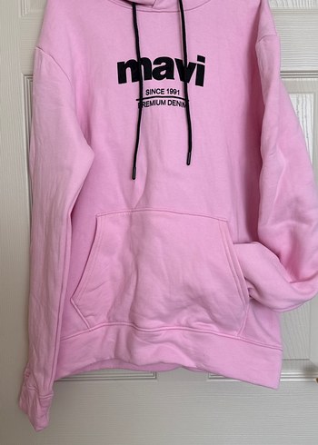 Kadın Pembe Kapüşonlu Sweatshirt Mavi Baskılı - Görsel 4