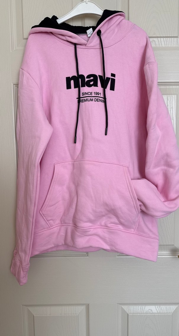 Kadın Pembe Kapüşonlu Sweatshirt Mavi Baskılı - Görsel 4
