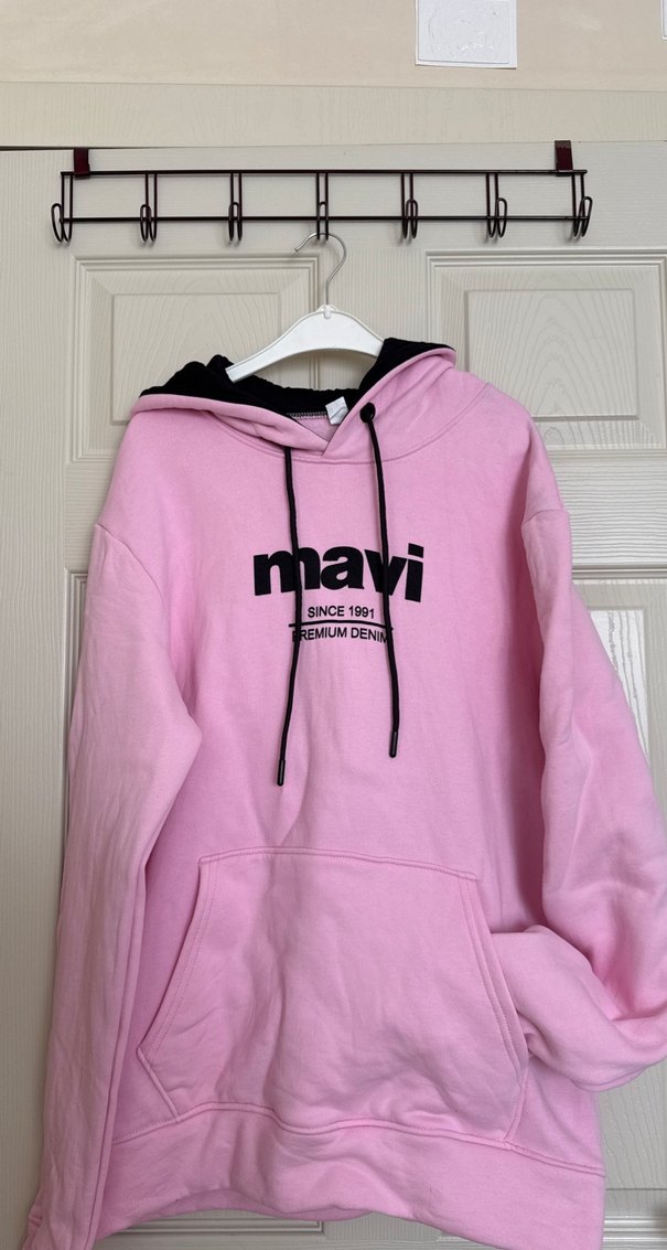 Kadın Pembe Kapüşonlu Sweatshirt Mavi Baskılı - Görsel 3