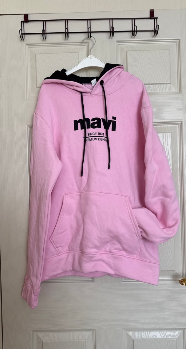 Kadın Pembe Kapüşonlu Sweatshirt Mavi Baskılı - Görsel 2