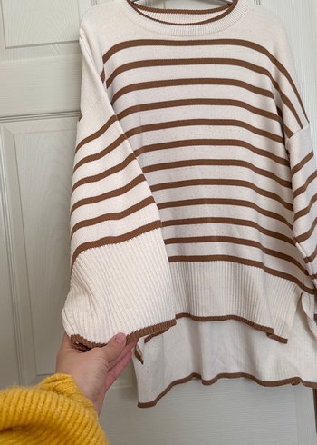 Bej Çizgili Kadın Triko Kazak - Görsel 3