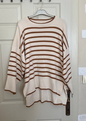 Bej Çizgili Kadın Triko Kazak - Görsel 5