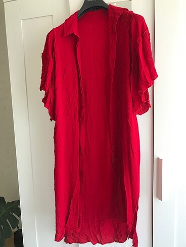 Kırmızı, kısa yarasa kollu gömlek elbise