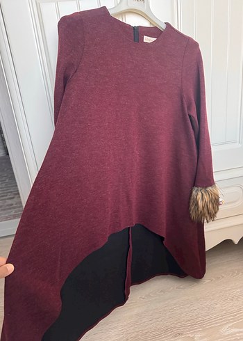 Bordo Kürklü Kadın Triko Tunik - Görsel 2
