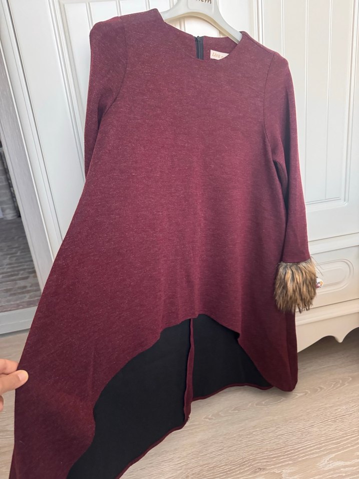 Bordo Kürklü Kadın Triko Tunik - Görsel 2