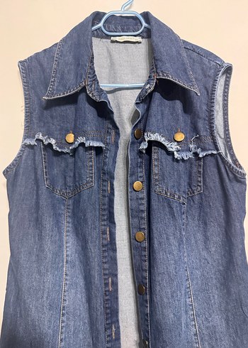 Düğmeli Kolsuz Mavi Denim Midi Yelek - Görsel 3