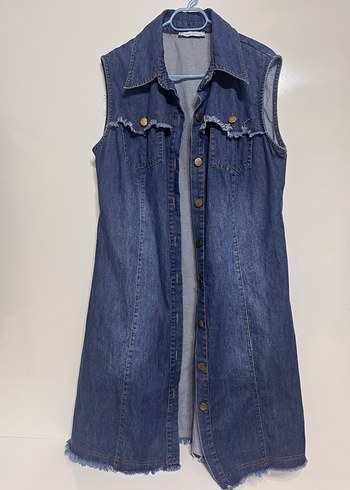 Düğmeli Kolsuz Mavi Denim Midi Yelek - Görsel 2