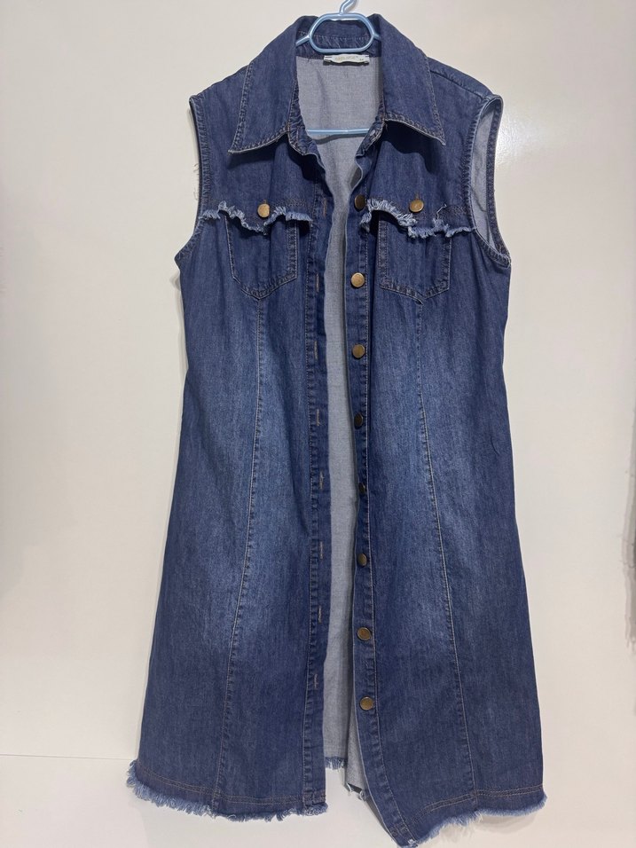 Düğmeli Kolsuz Mavi Denim Midi Yelek - Görsel 2