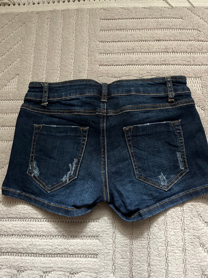 Düğmeli Nakışlı Koyu Mavi Mini Kot Şort - Görsel 3