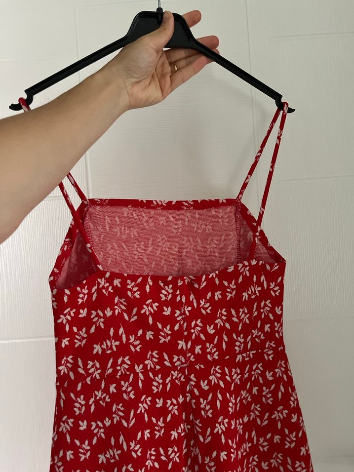 Kırmızı İnce Askılı Midi Elbise - Görsel 2