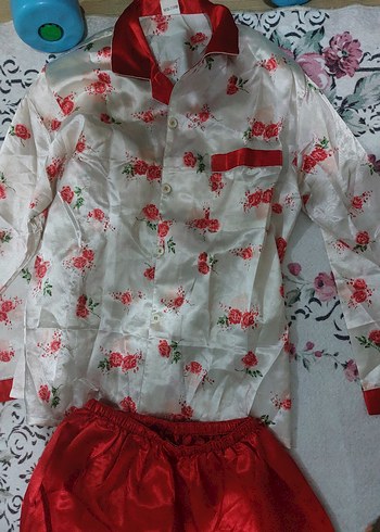 xl Beden saten gecelik Nakışlı Kırmızı Uzun Kollu Kadın Pijama Takımı