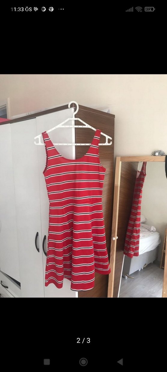 Kırmızı Çizgili Askılı Midi Elbise - Görsel 2