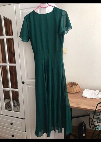 Yeşil V Yakalı Uzun Kadın Abiye Elbise - Görsel 2