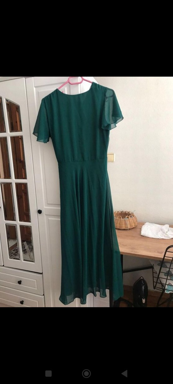 Yeşil V Yakalı Uzun Kadın Abiye Elbise - Görsel 2