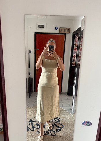 Zara Beyaz Keten Midi Straplez Elbise marka muadil