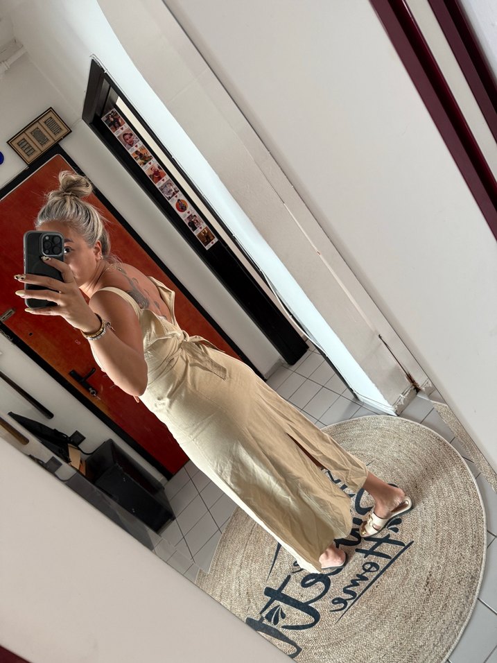 Beyaz Keten Midi Straplez Elbise marka muadil - Görsel 2