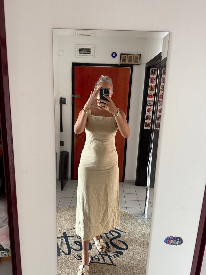 Beyaz Keten Midi Straplez Elbise marka muadil - Görsel 3