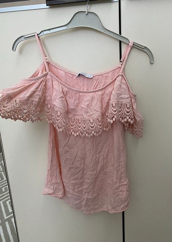 Pembe Dantel Detaylı Straplez Bluz