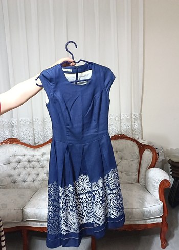 Vintage Midi Lacivert Desenli Elbise