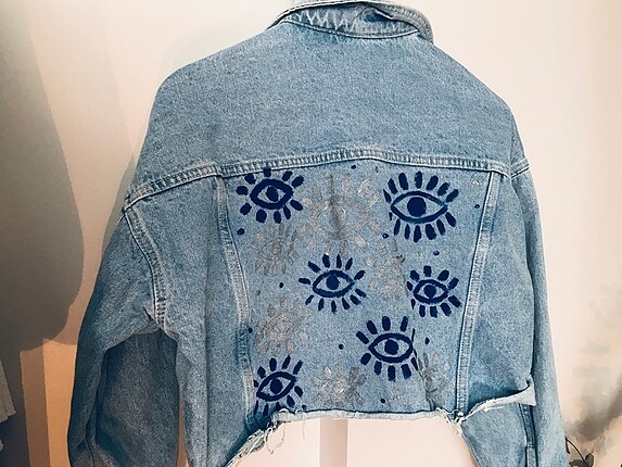 Denim kısa ceket art work mavi