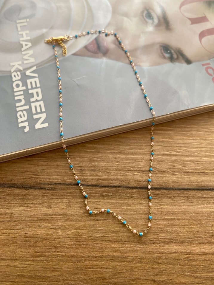 Boncuk Detaylı Uzun Turkuaz Bohem Kolye - Görsel 2