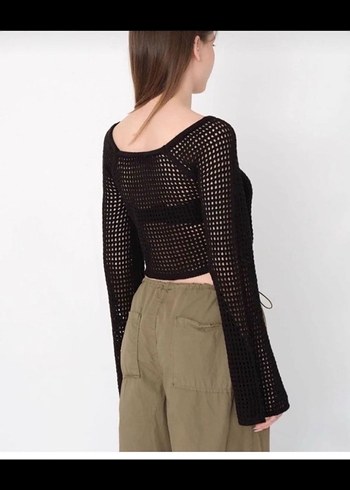 Siyah Örgü Crop Kazak - Görsel 2