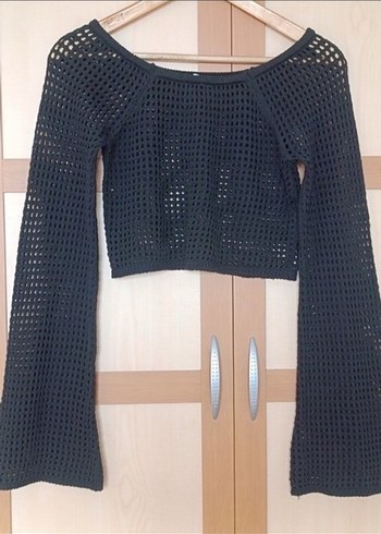 Siyah Örgü Crop Kazak - Görsel 3