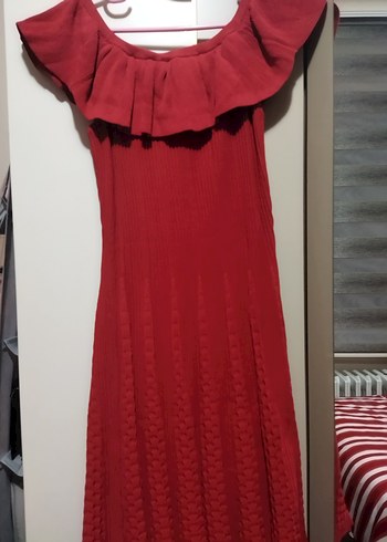 Kırmızı Uzun Kollarsız Fırfırlı Bohem Elbise - Görsel 2