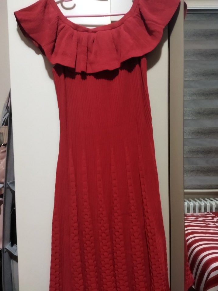 Kırmızı Uzun Kollarsız Fırfırlı Bohem Elbise - Görsel 2